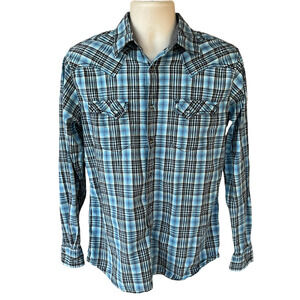 Moonshine Spirit Blue Plaid Western Slim Fit Shirt Pearl Snap Button Mens S